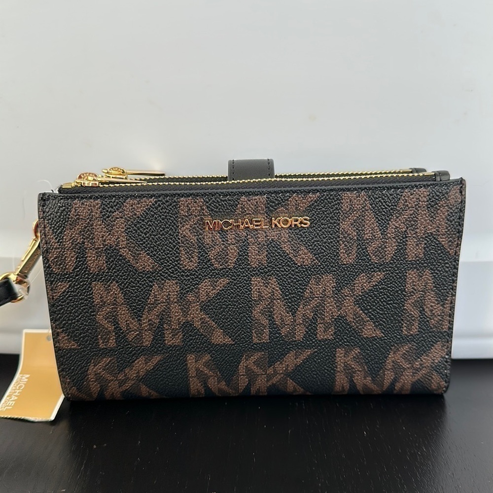 Michael Kors MK print double zip wallet wristlet phone holder